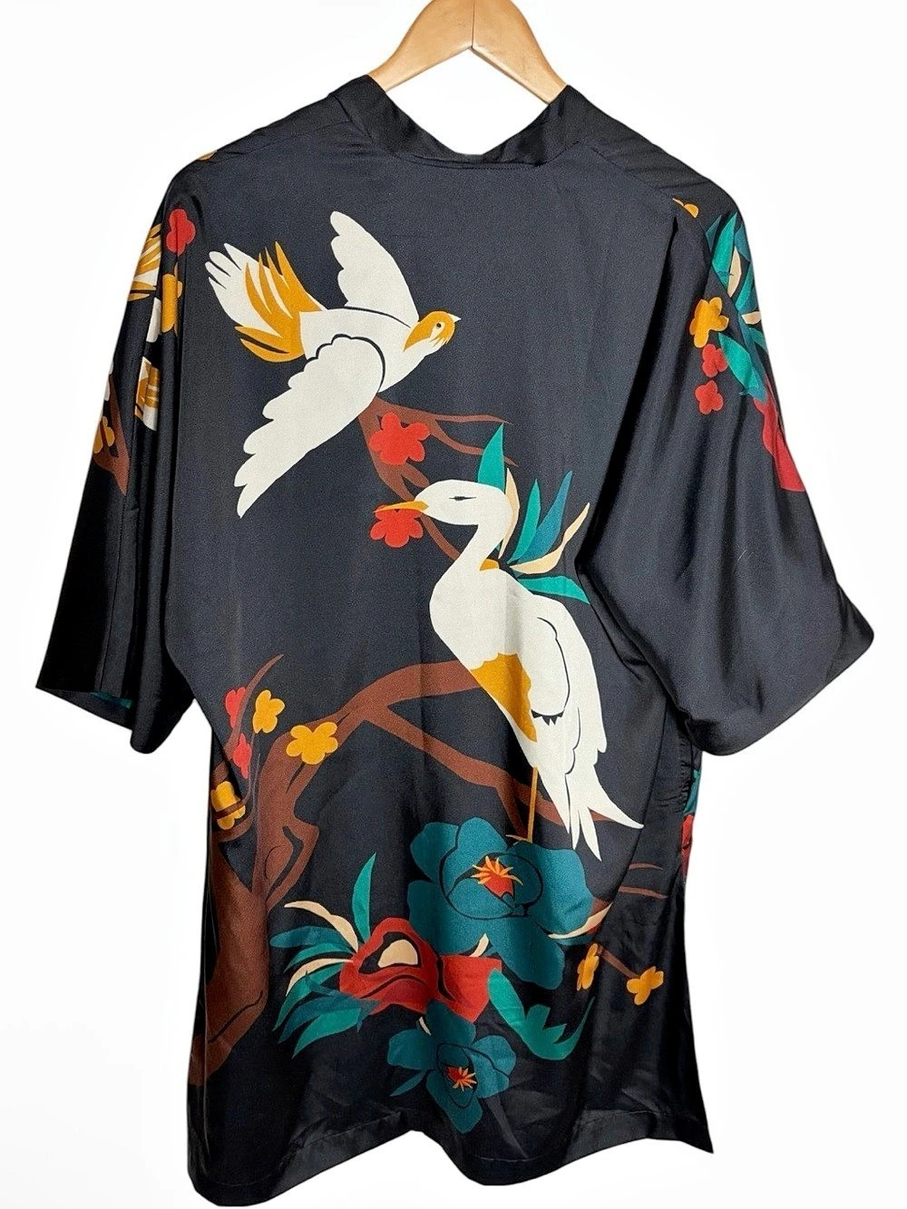 Chico's Floral Black oriental style motif open front kimono robe pockets S/M